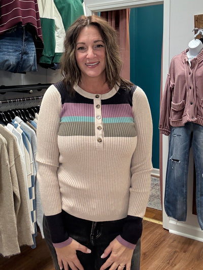 Lydia Color Block Ribbed Henley Top
