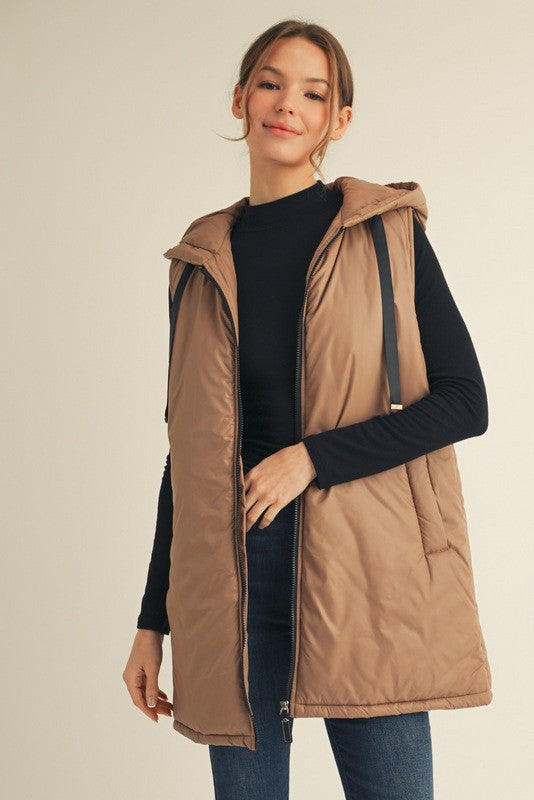 Jade Zip Up Puffer Long Hoodie Vest