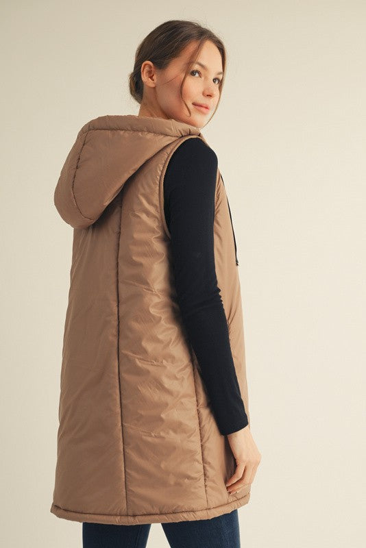 Jade Zip Up Puffer Long Hoodie Vest