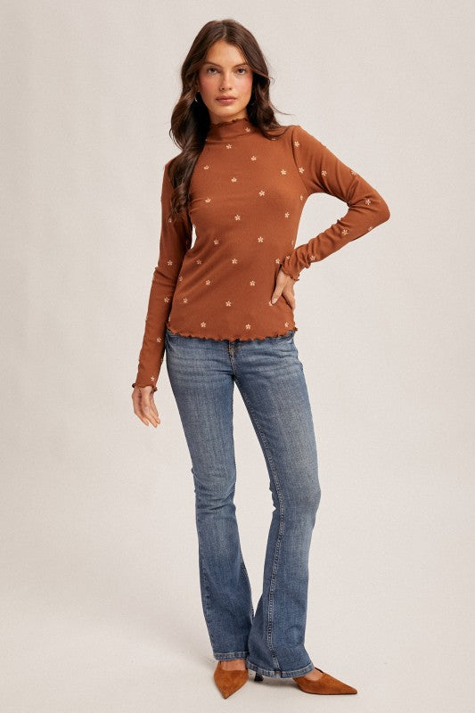 Mercury Flower Embroidered Mock Neck Top