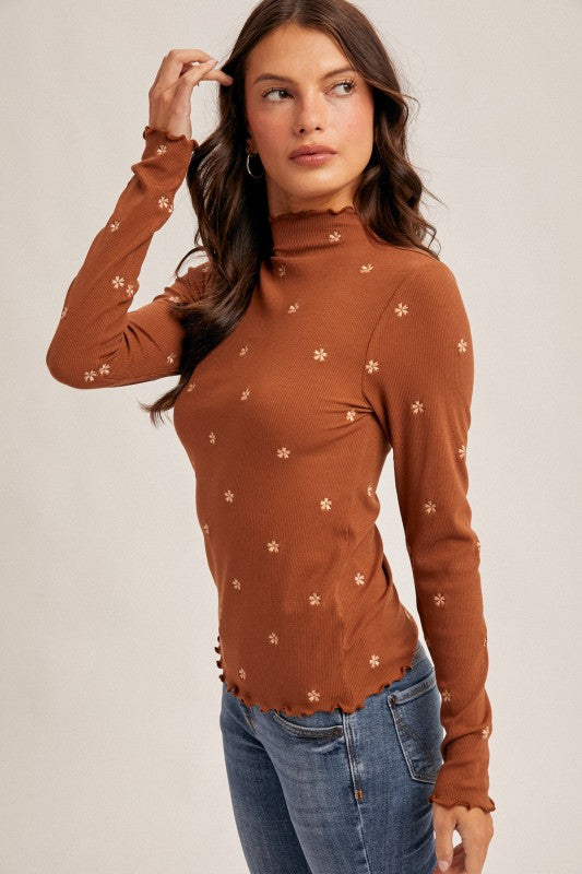 Mercury Flower Embroidered Mock Neck Top