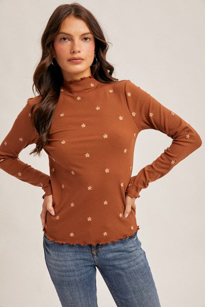Mercury Flower Embroidered Mock Neck Top
