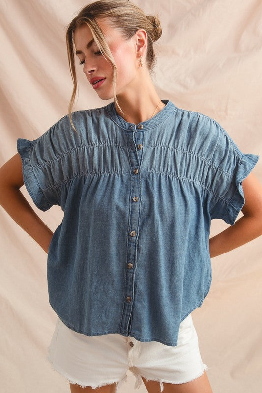 Charlotte Denim Ruffle Sleeve Blouse