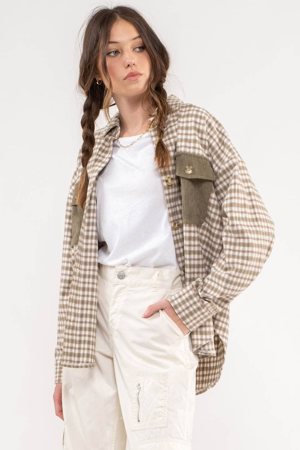 RELAXED CONTRAST PLAID SHACKET: GREY MULTI