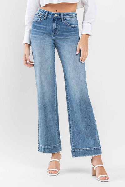 FLYING MONKEY - HIGH RISE WIDE LEG JEANS WITH TROUSER HEM DETAIL F5391: PERMISSIBLE / 28